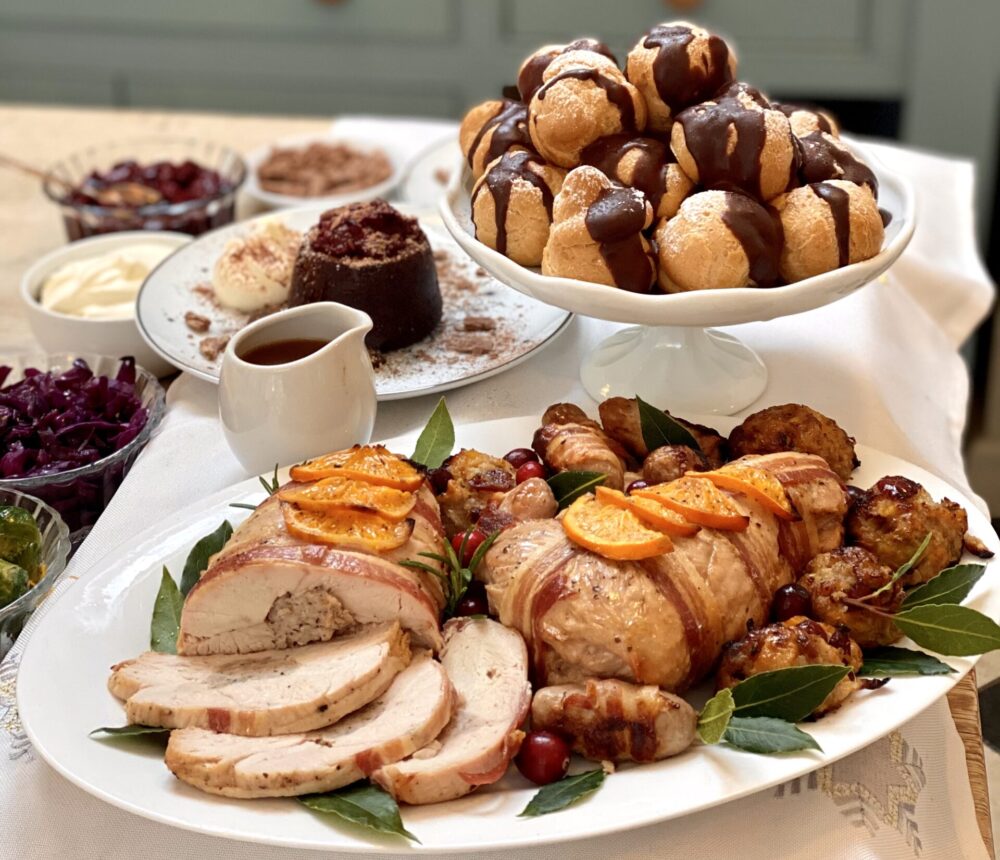 Roast turkey and chocolate profiteroles